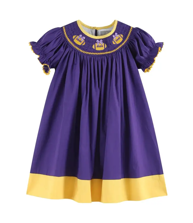 Purple Gold Football Smocked Bishop Dress