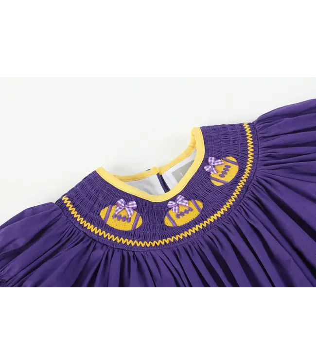 Purple Gold Football Smocked Bishop Dress