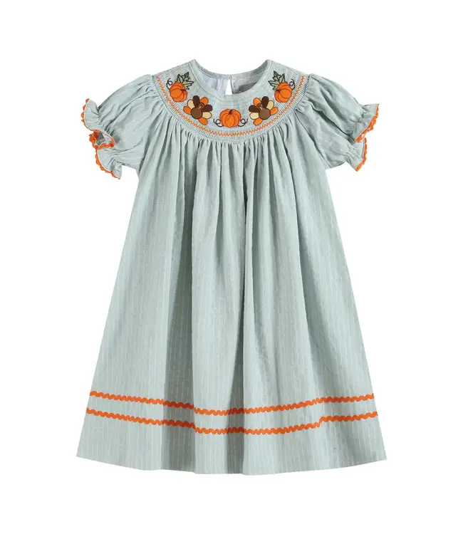 Green Pinstripe Turkey Smocked Bishop Dress