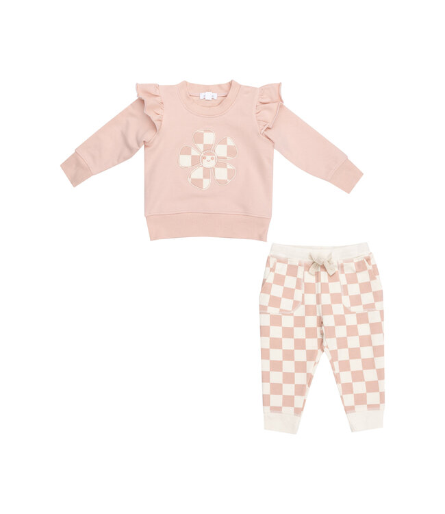 French Terry Checkerboard Pink Ruffle Patch Sweatshirt & Jogger