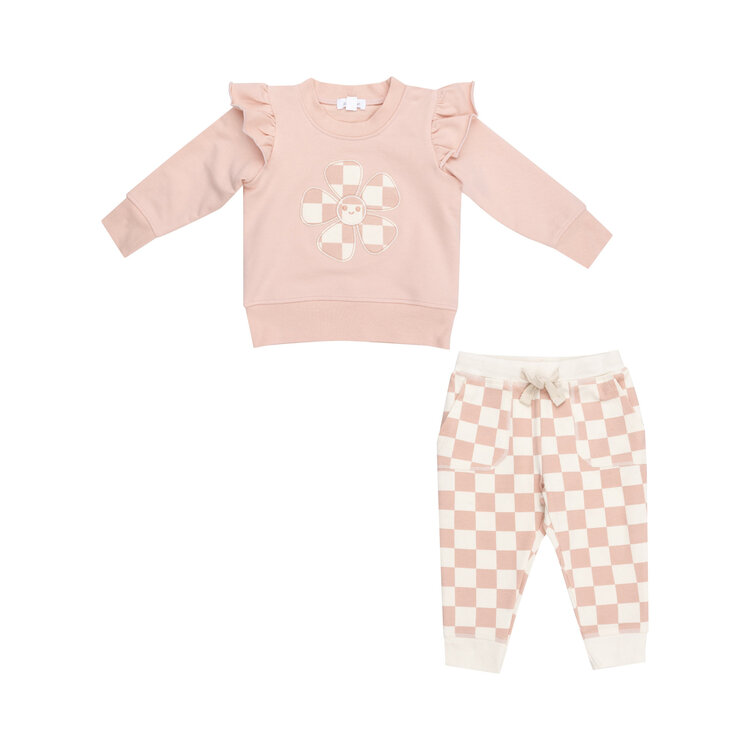 Angel Dear French Terry Checkerboard Pink Ruffle Patch Sweatshirt & Jogger