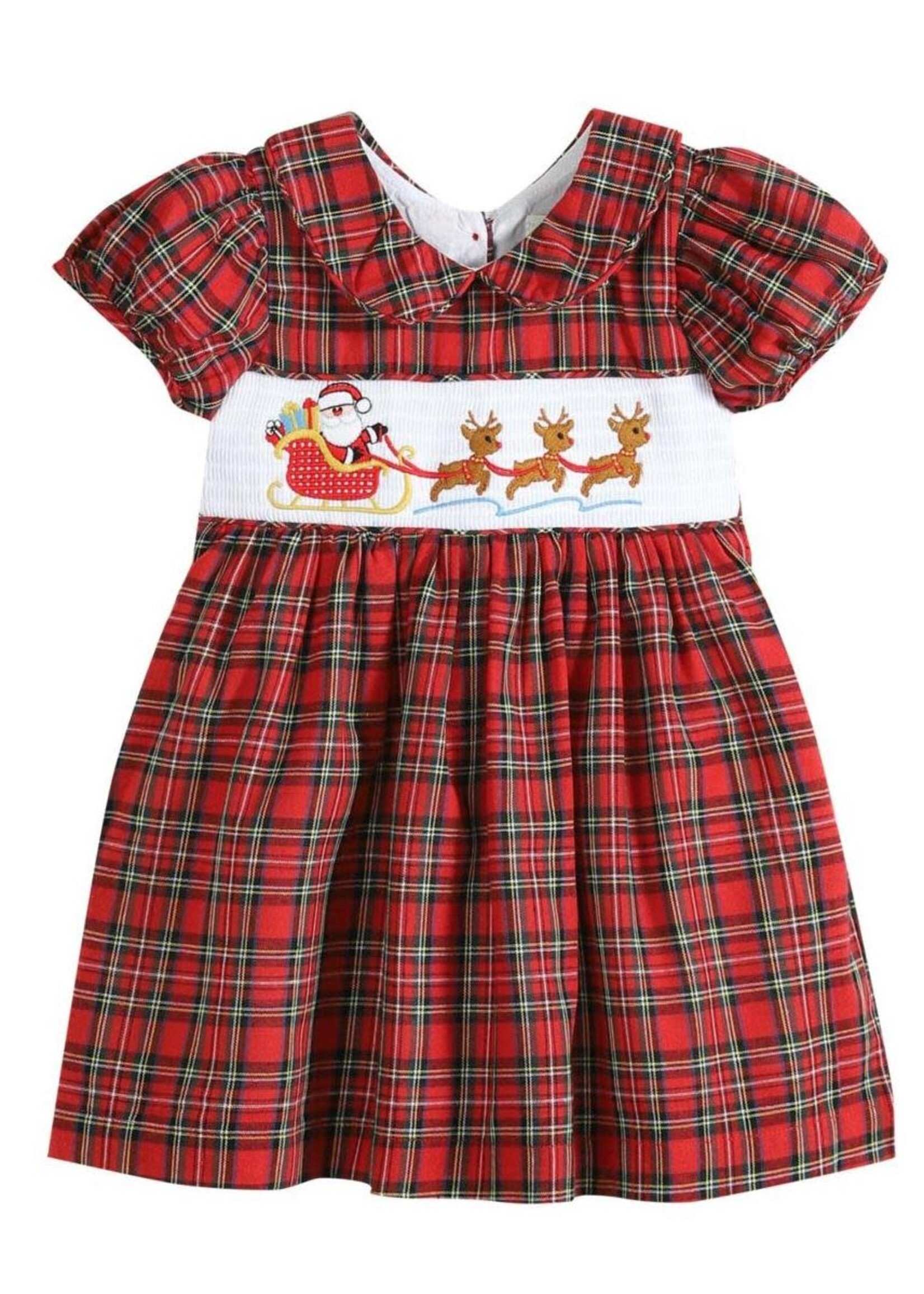 Lil Cactus Red Christmas Plaid Santa Sleigh Smocked Dress