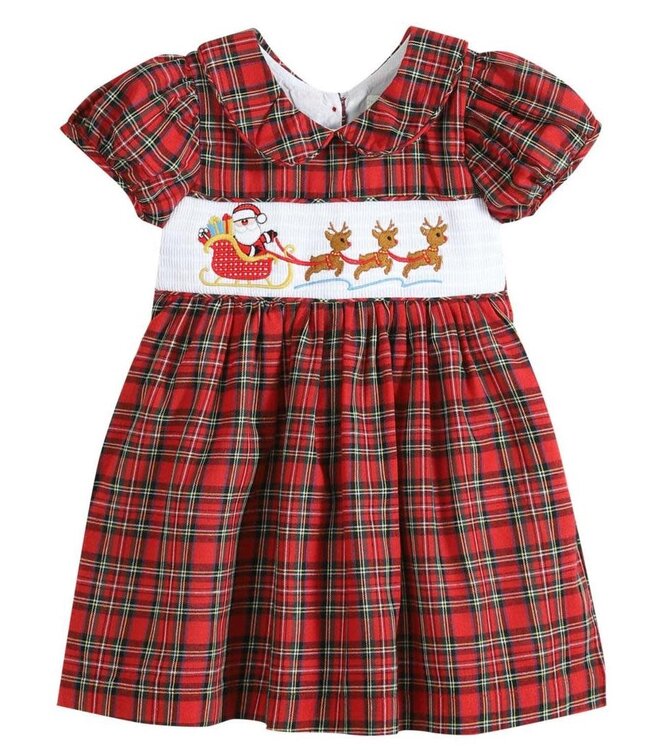 Red Christmas Plaid Santa Sleigh Smocked Dress