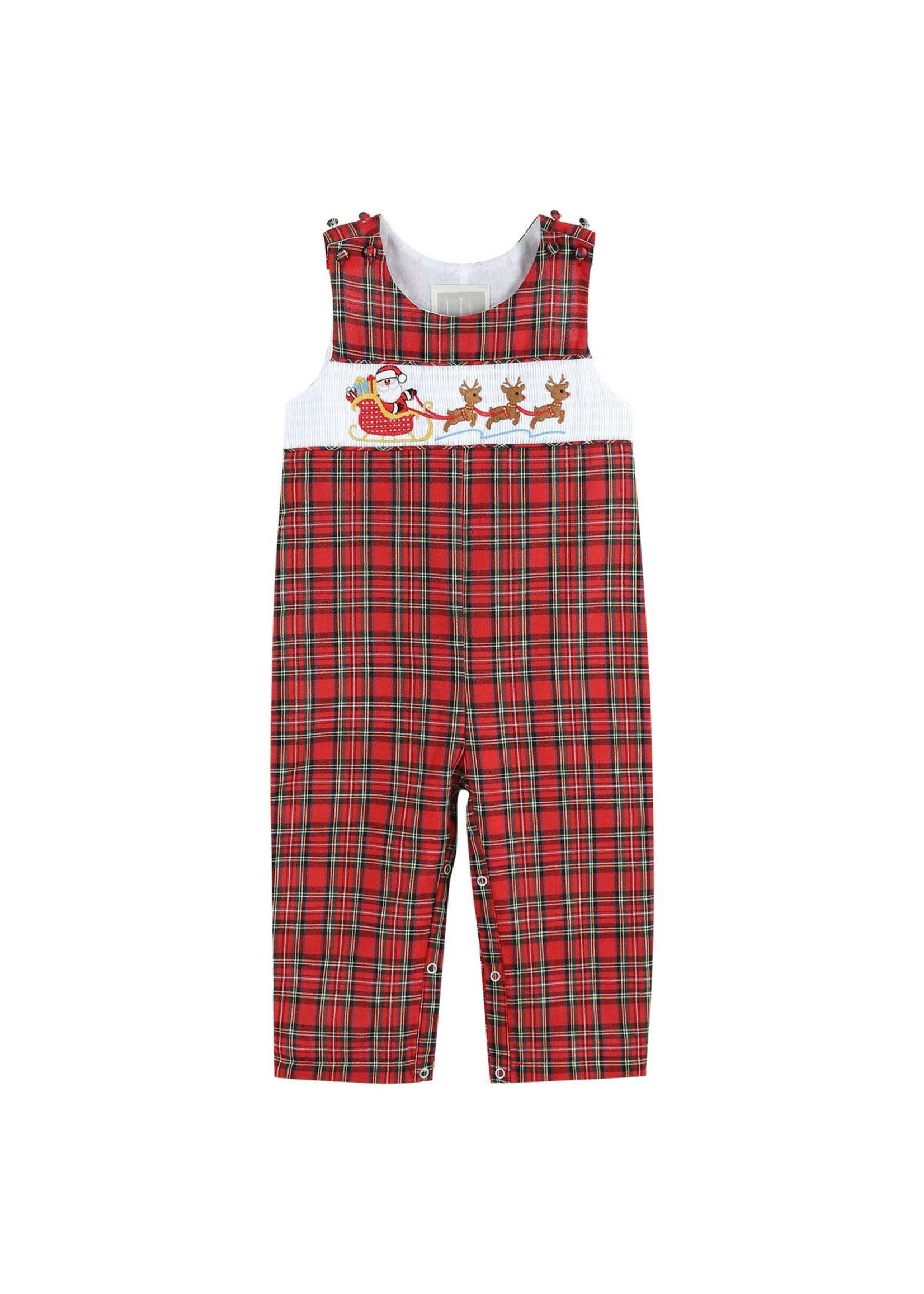 Lil Cactus Red Christmas Plaid Santa Sleigh Smocked Overalls