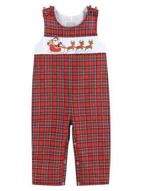 Lil Cactus Red Christmas Plaid Santa Sleigh Smocked Overalls