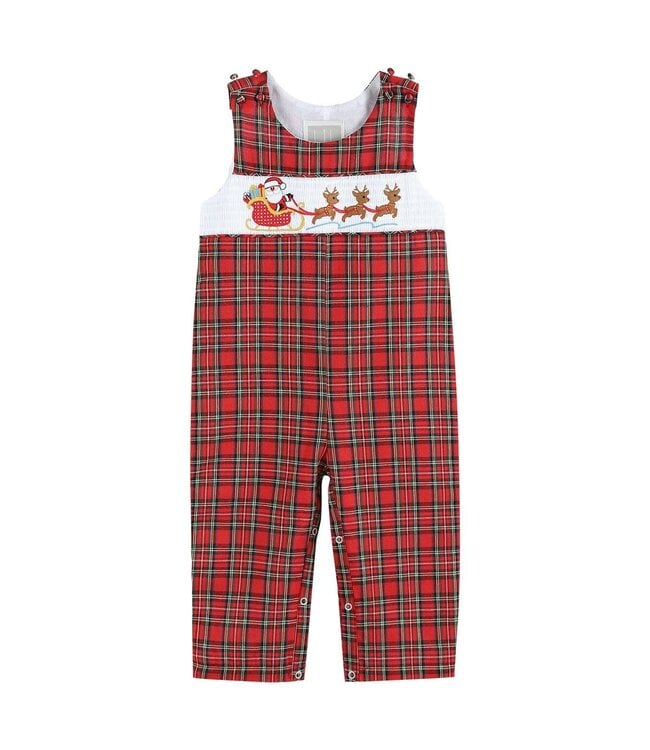 Red Christmas Plaid Santa Sleigh Smocked Overalls