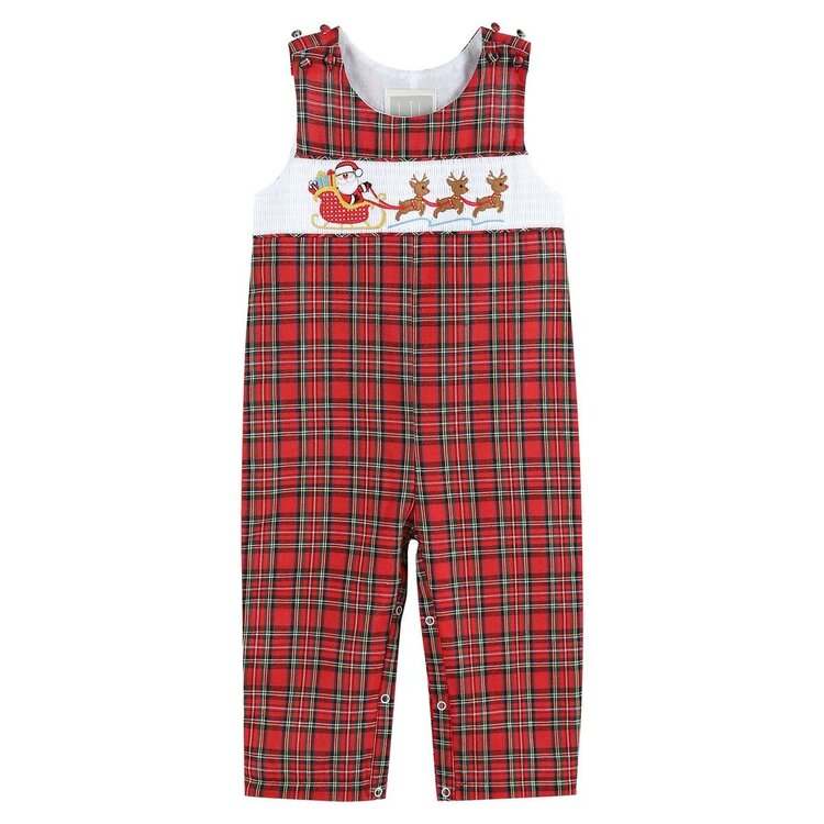 Lil Cactus Red Christmas Plaid Santa Sleigh Smocked Overalls