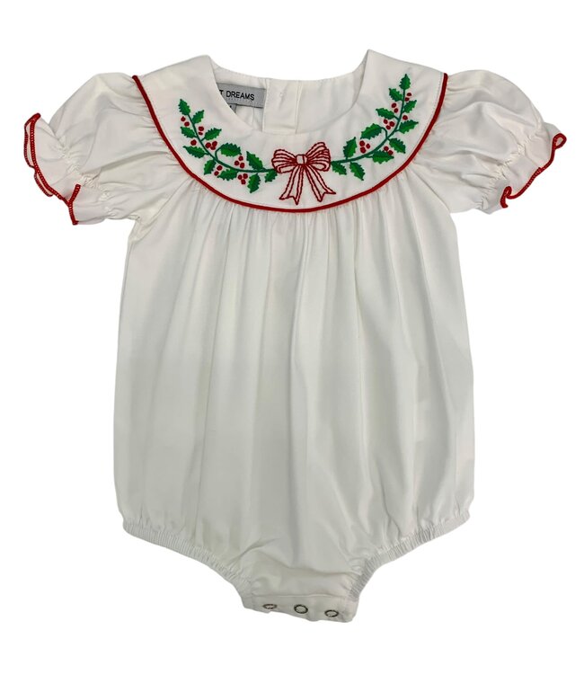 White Embroidered Wreath Red Bow Bubble