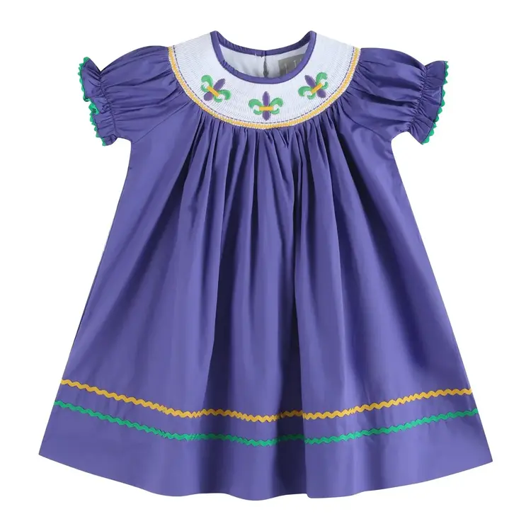 Lil Cactus Purple Smocked Mardi Gras Bishop Dress