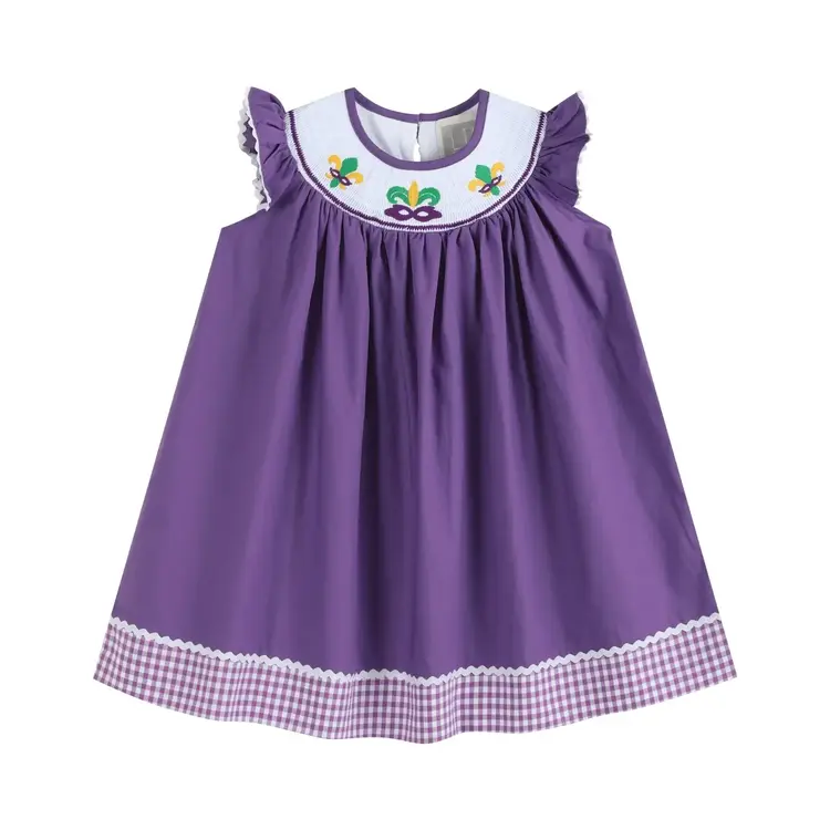 Lil Cactus Mardi Gras Smocked w/ Gingham Dress