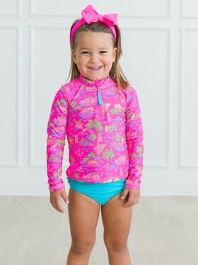 RuffleButts + RuggedButts Neon Island Time - LS Zipper Rash Guard 2-Piece