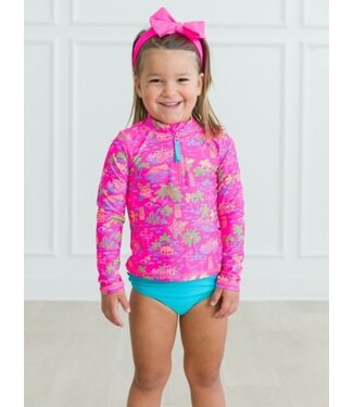 RuffleButts + RuggedButts Neon Island Time - LS Zipper Rash Guard 2-Piece