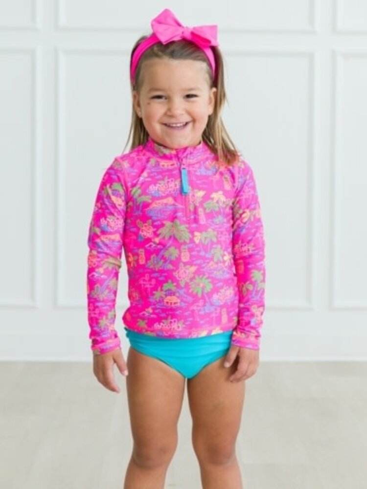 RuffleButts + RuggedButts Neon Island Time - LS Zipper Rash Guard 2-Piece