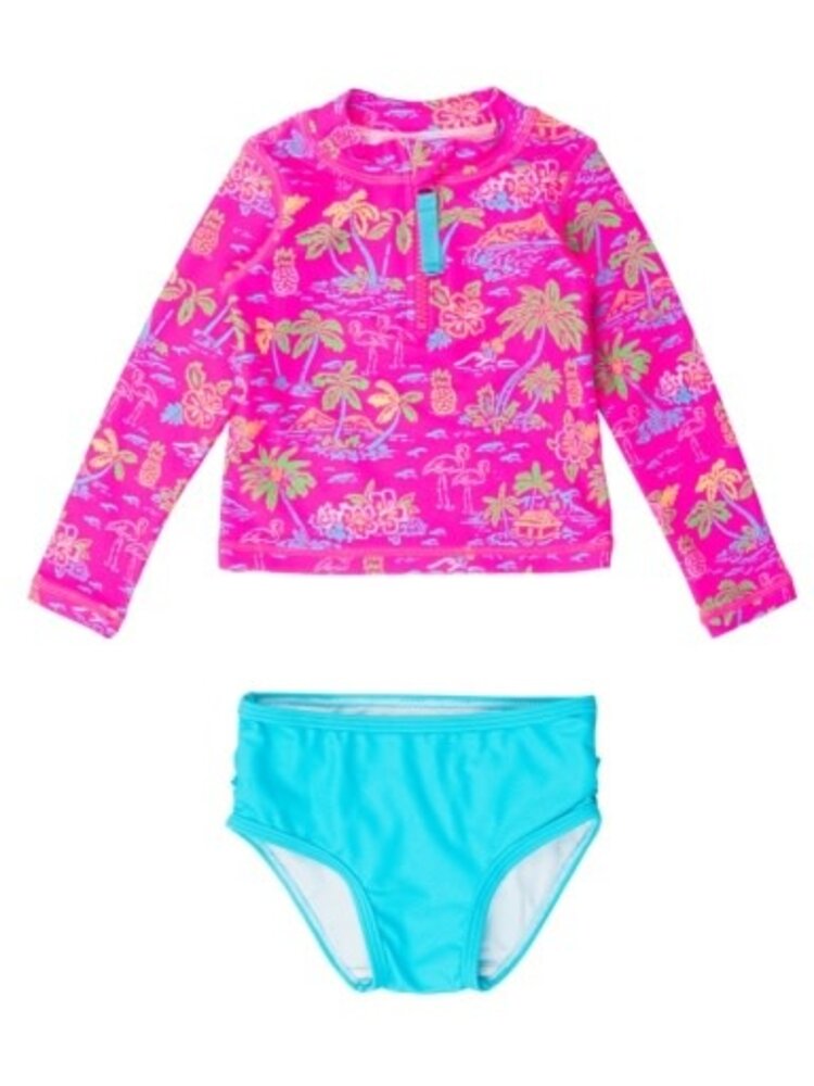 RuffleButts + RuggedButts Neon Island Time - LS Zipper Rash Guard 2-Piece