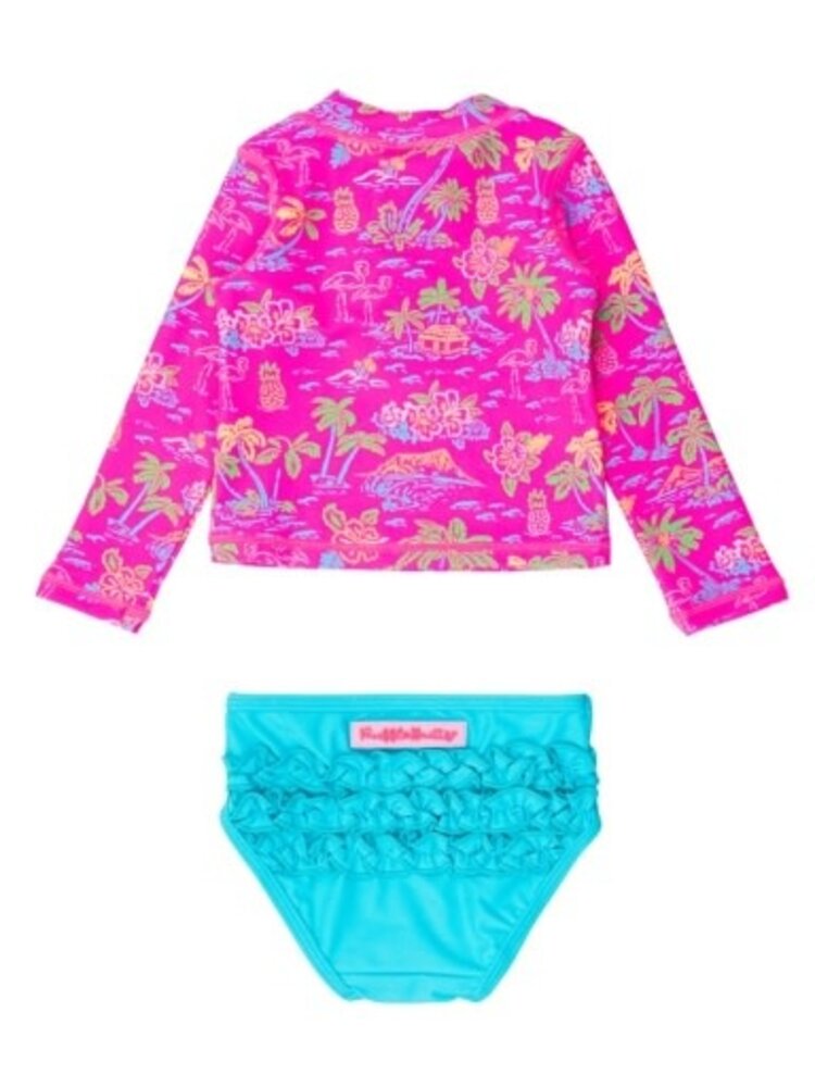 RuffleButts + RuggedButts Neon Island Time - LS Zipper Rash Guard 2-Piece