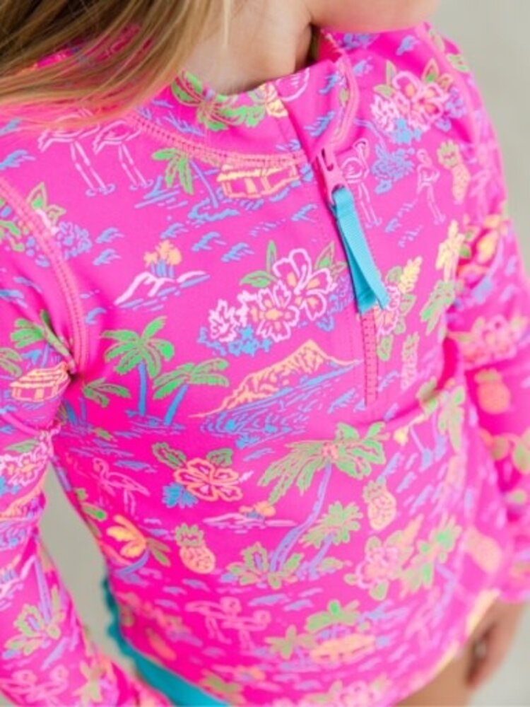 RuffleButts + RuggedButts Neon Island Time - LS Zipper Rash Guard 2-Piece