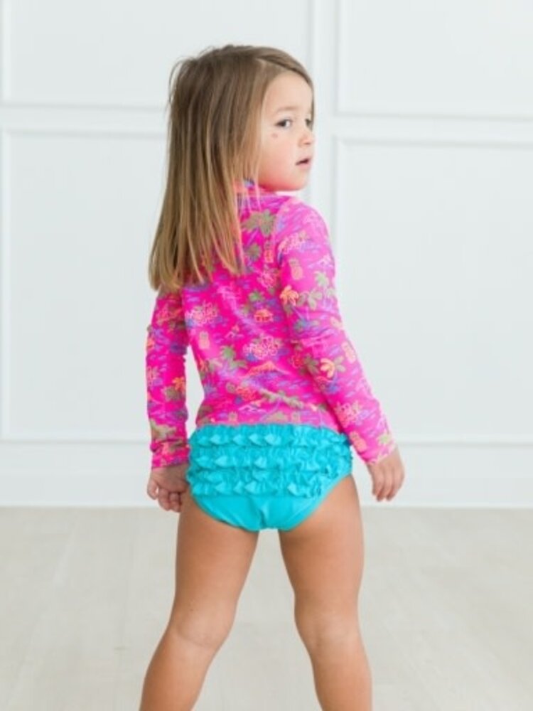 RuffleButts + RuggedButts Neon Island Time - LS Zipper Rash Guard 2-Piece