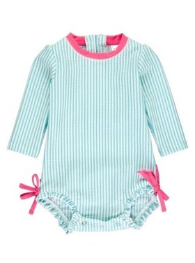 RuffleButts + RuggedButts Bright Aqua Seersucker Long Sleeve Rash Guard One Piece