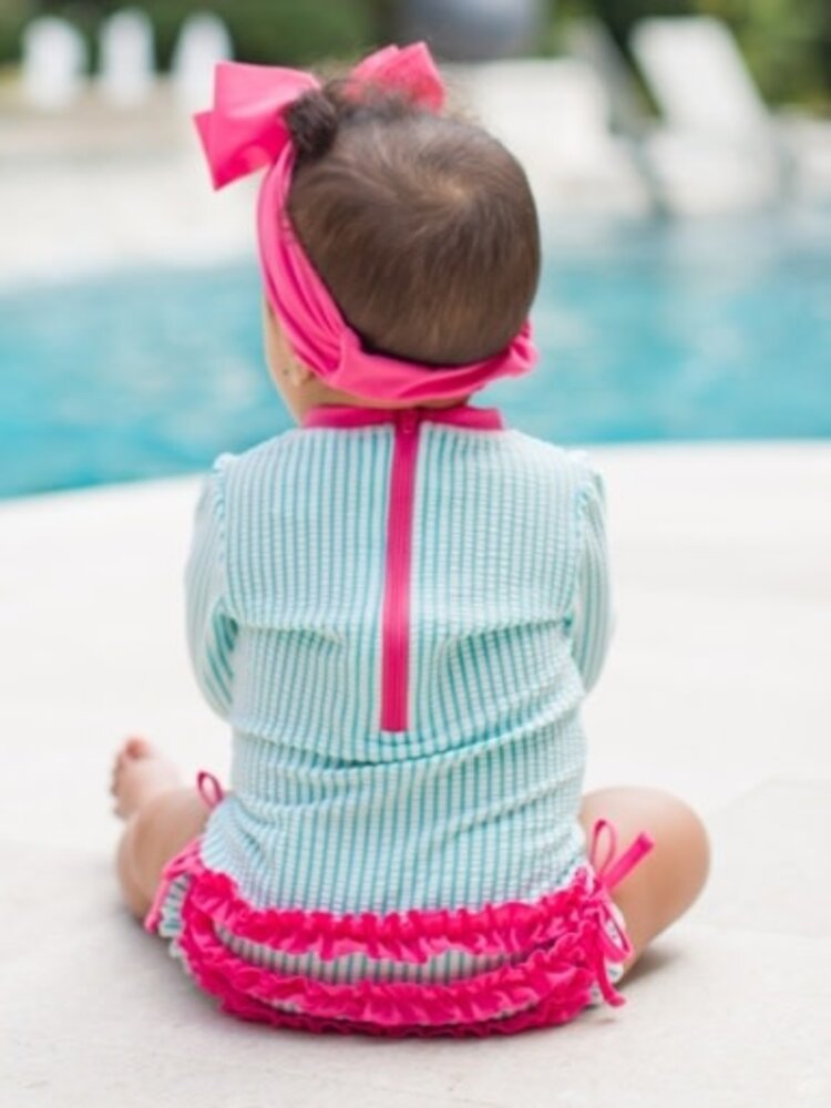 RuffleButts + RuggedButts Bright Aqua Seersucker Long Sleeve Rash Guard One Piece