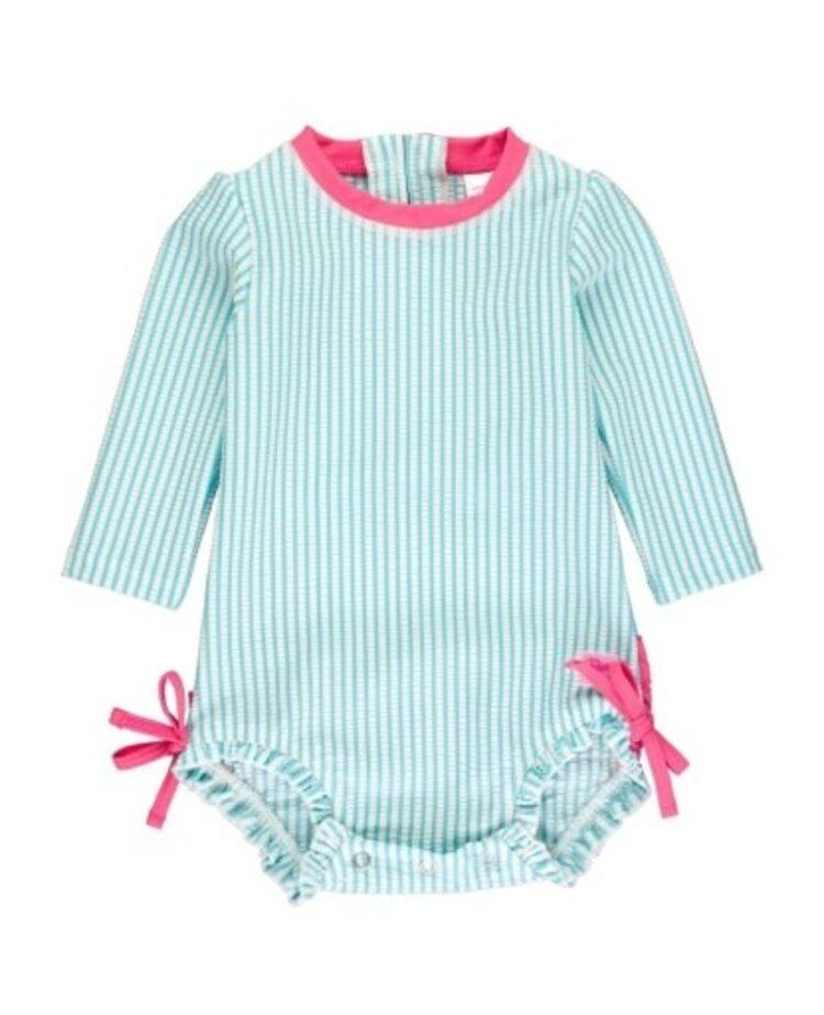 RuffleButts + RuggedButts Bright Aqua Seersucker Long Sleeve Rash Guard One Piece