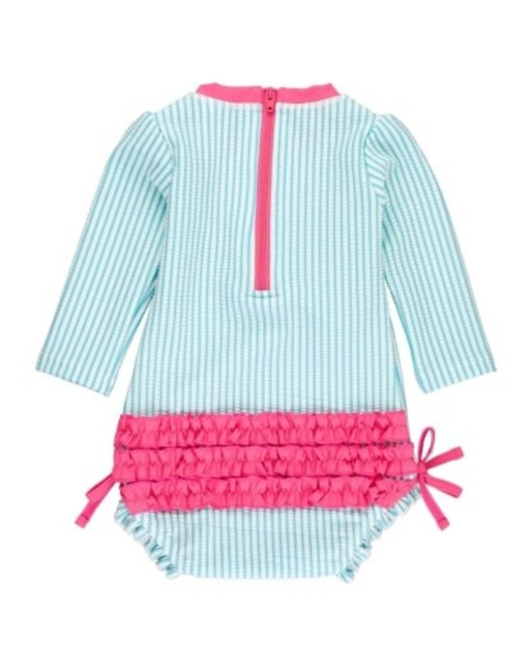 RuffleButts + RuggedButts Bright Aqua Seersucker Long Sleeve Rash Guard One Piece