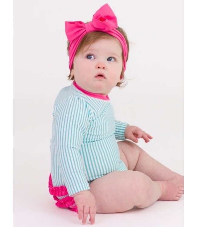 Bright Aqua Seersucker Long Sleeve Rash Guard One Piece