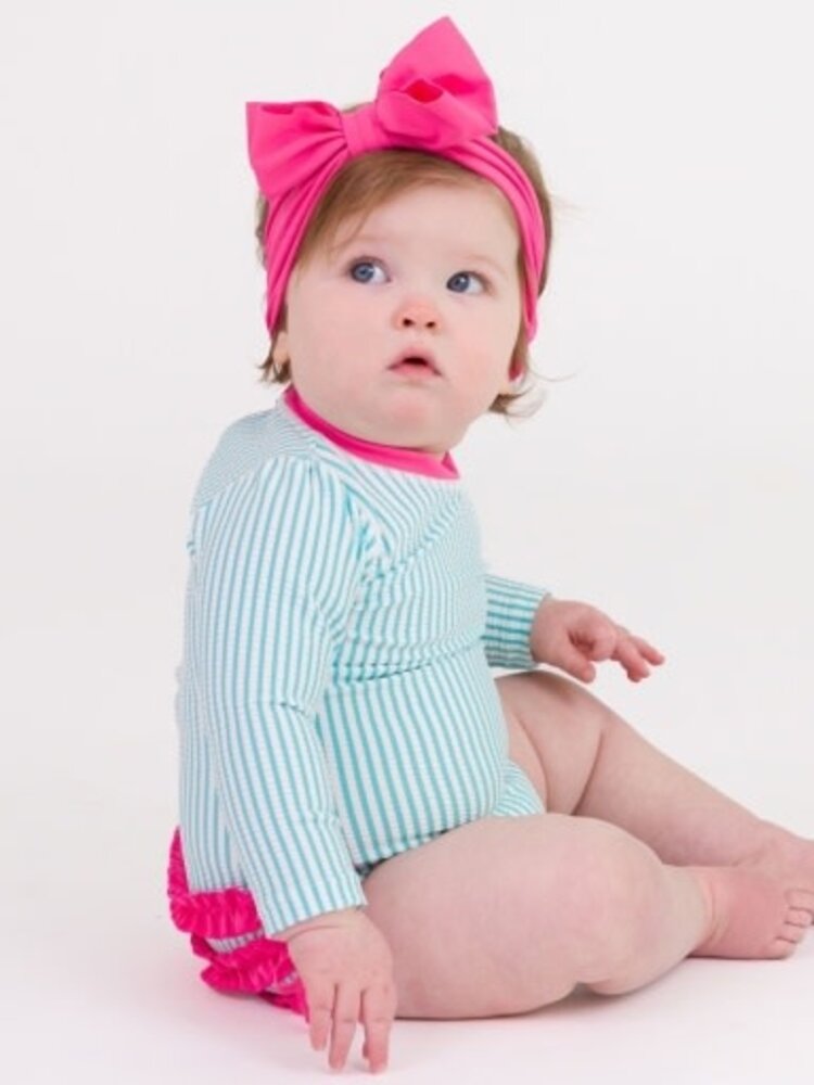 RuffleButts + RuggedButts Bright Aqua Seersucker Long Sleeve Rash Guard One Piece