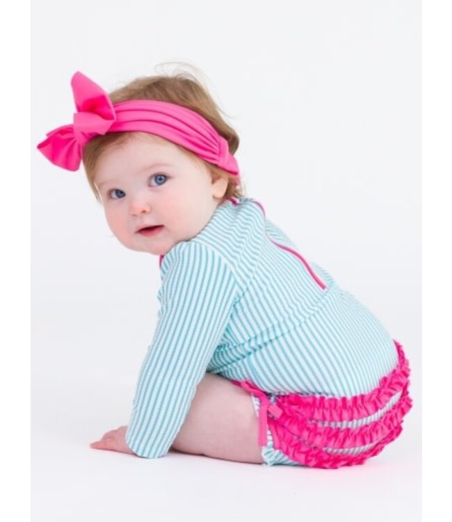 Bright Aqua Seersucker Long Sleeve Rash Guard One Piece