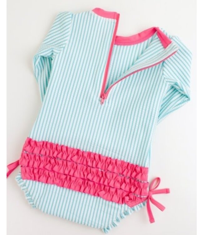 Bright Aqua Seersucker Long Sleeve Rash Guard One Piece