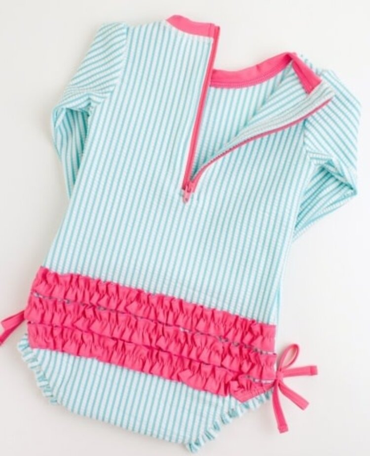 RuffleButts + RuggedButts Bright Aqua Seersucker Long Sleeve Rash Guard One Piece