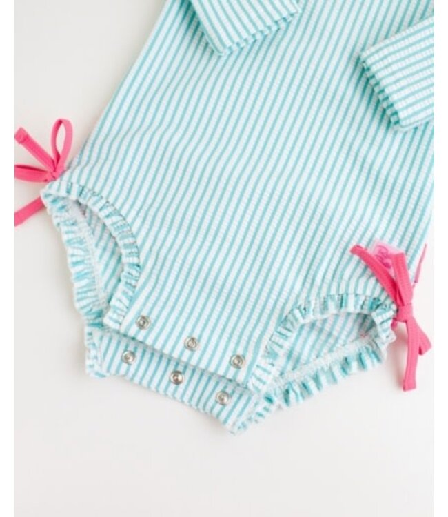 Bright Aqua Seersucker Long Sleeve Rash Guard One Piece