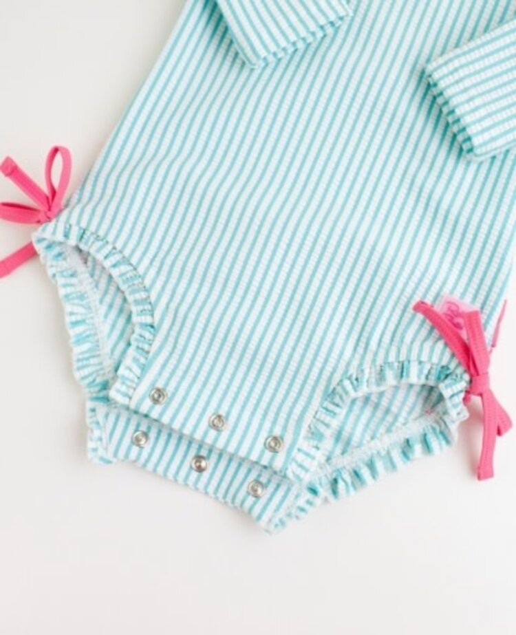 RuffleButts + RuggedButts Bright Aqua Seersucker Long Sleeve Rash Guard One Piece