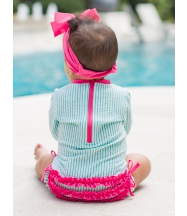 Bright Aqua Seersucker Long Sleeve Rash Guard One Piece