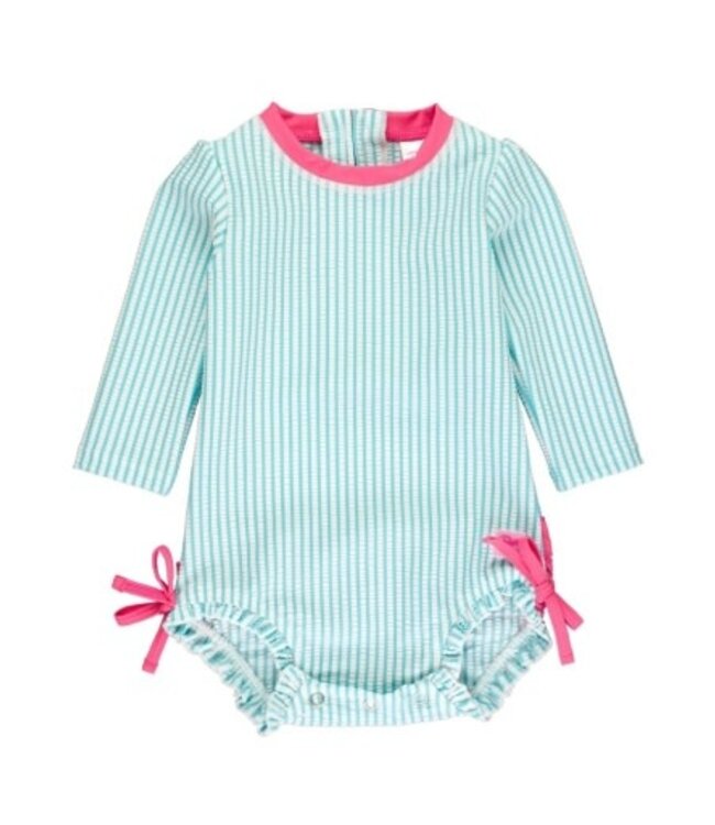 Bright Aqua Seersucker Long Sleeve Rash Guard One Piece