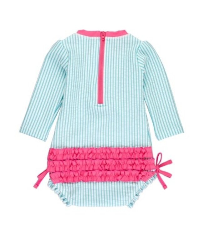 Bright Aqua Seersucker Long Sleeve Rash Guard One Piece