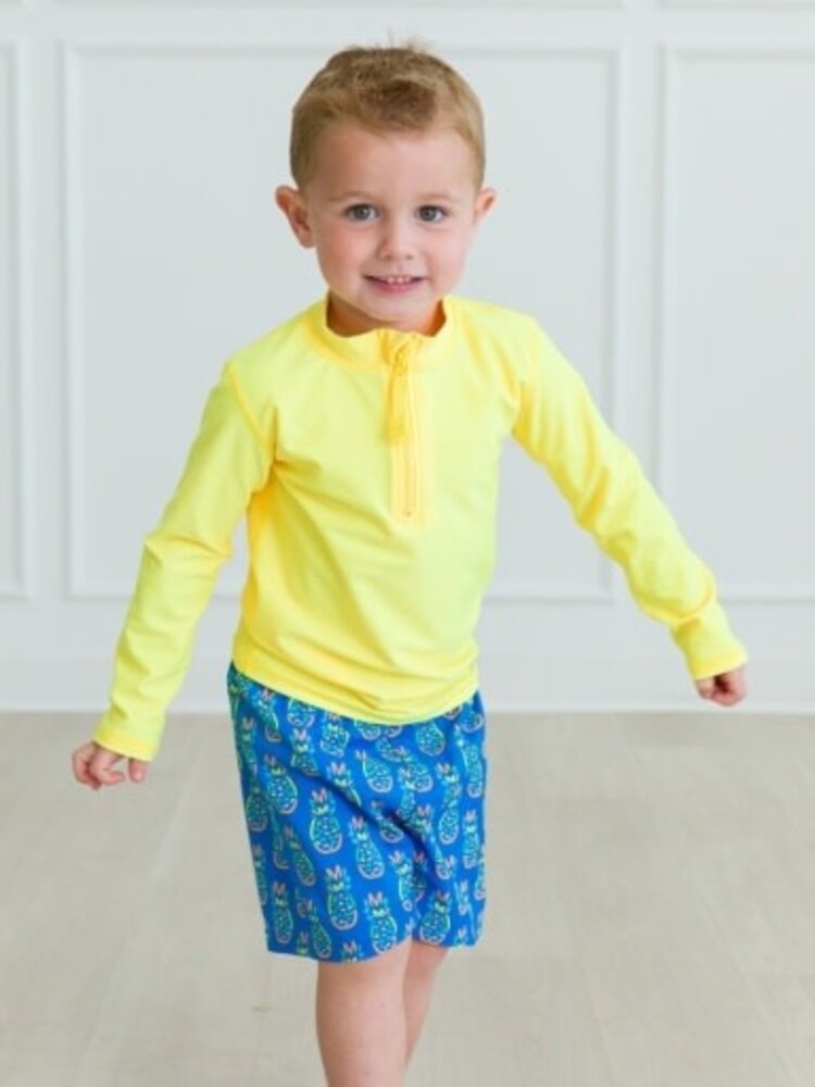 RuffleButts + RuggedButts Neon Blue Pineapples Swim Trunks