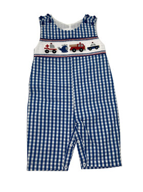 Lil Cactus Blue Gingham Emergency Vehicle Smocked Overalls