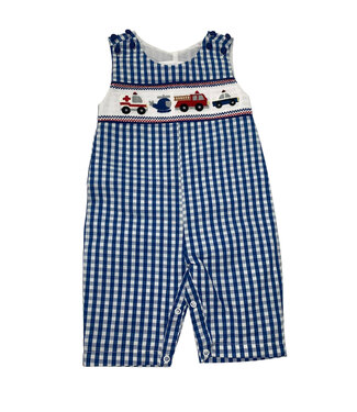 Lil Cactus Blue Gingham Emergency Vehicle Smocked Overalls