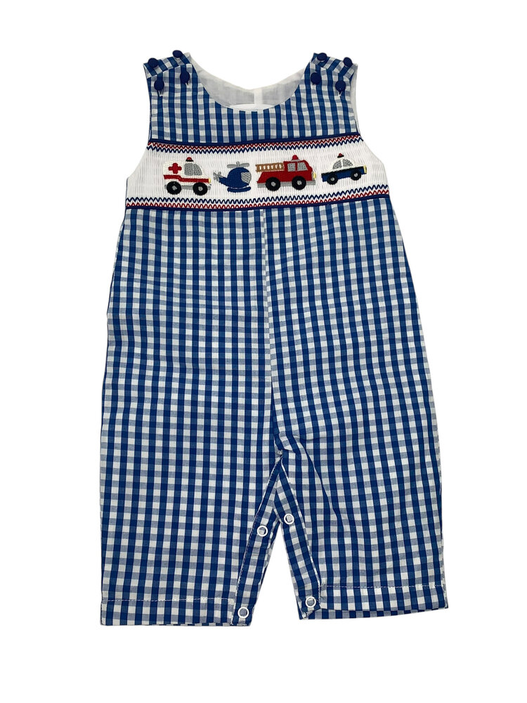 Lil Cactus Blue Gingham Emergency Vehicle Smocked Overalls