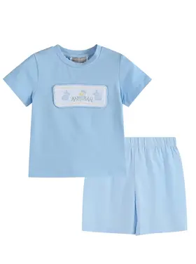 Lil Cactus Light Blue Easter Smocked Shirt & Short Set