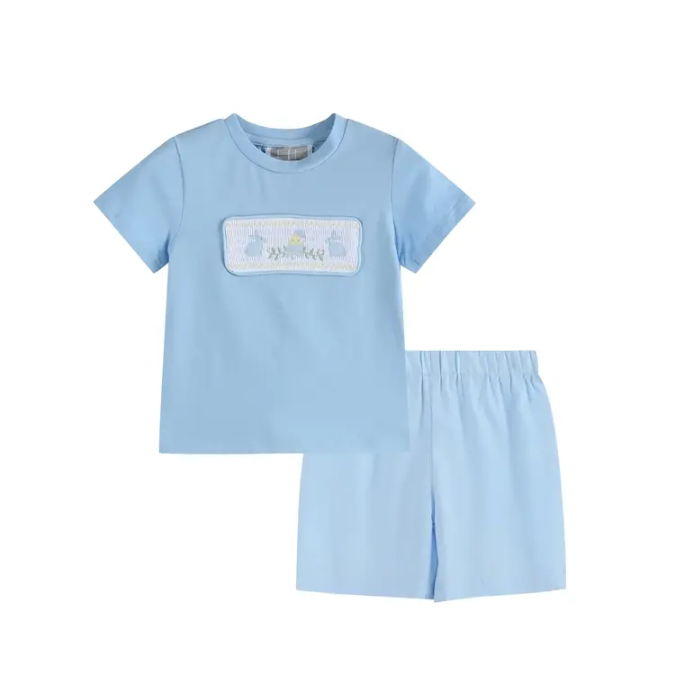 Lil Cactus Light Blue Easter Smocked Shirt & Short Set