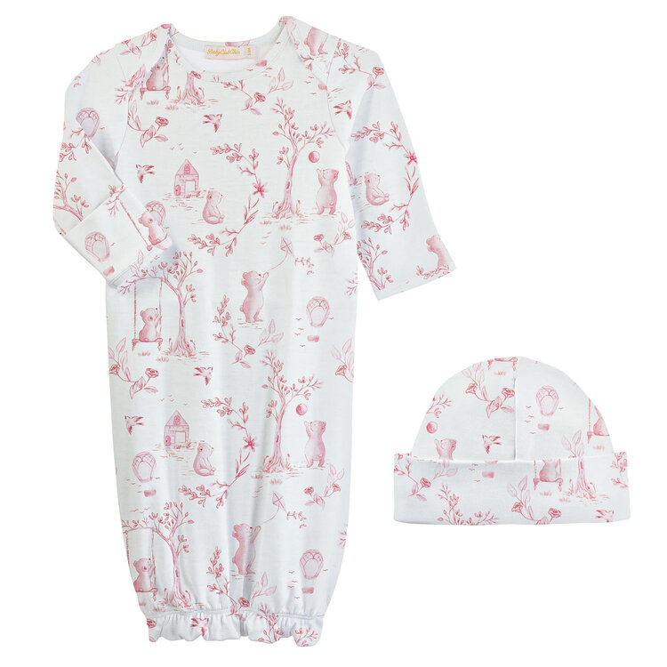 Baby Club Chic Toile de Jouy Pink Gown & Hat Set