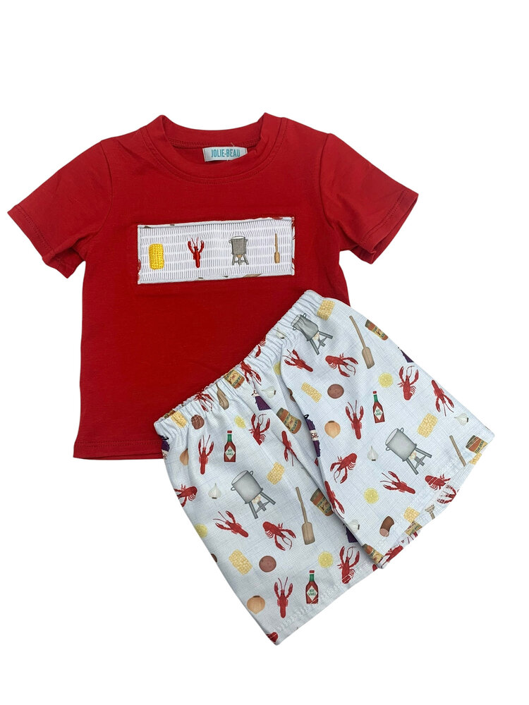 Jolie-Beau Crawfish Smocked Boy Shirt/Short Set