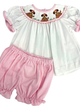 Petit Bebe Puppies Smocked Pink Bloomer Set