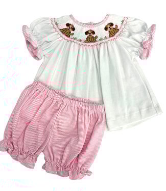 Petit Bebe Puppies Smocked Pink Bloomer Set