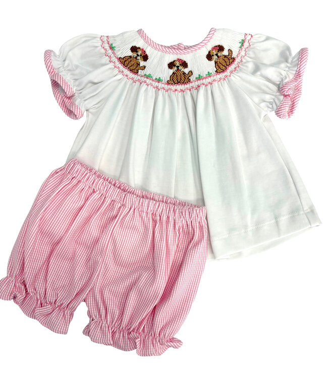 Puppies Smocked Pink Bloomer Set