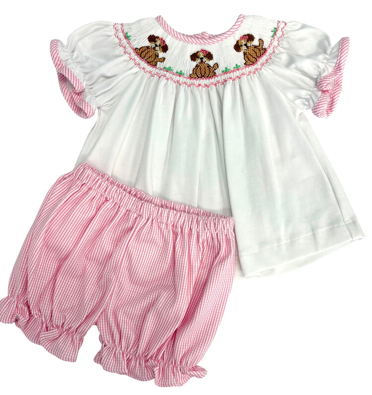 Petit Bebe Puppies Smocked Pink Bloomer Set