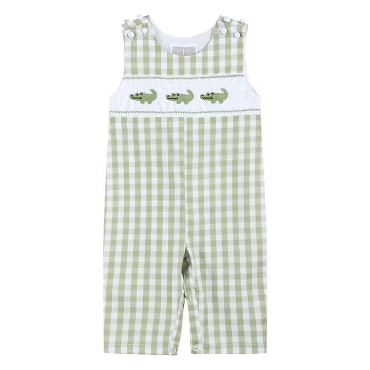 Lil Cactus Light Green Alligator Smocked Overalls