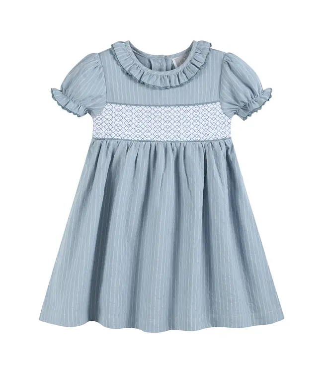 Light Blue Pinstripe Smocked Ruffle Dress