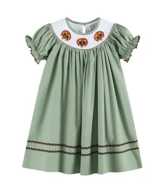 Lil Cactus Sage Green Turkey Smocked Dress